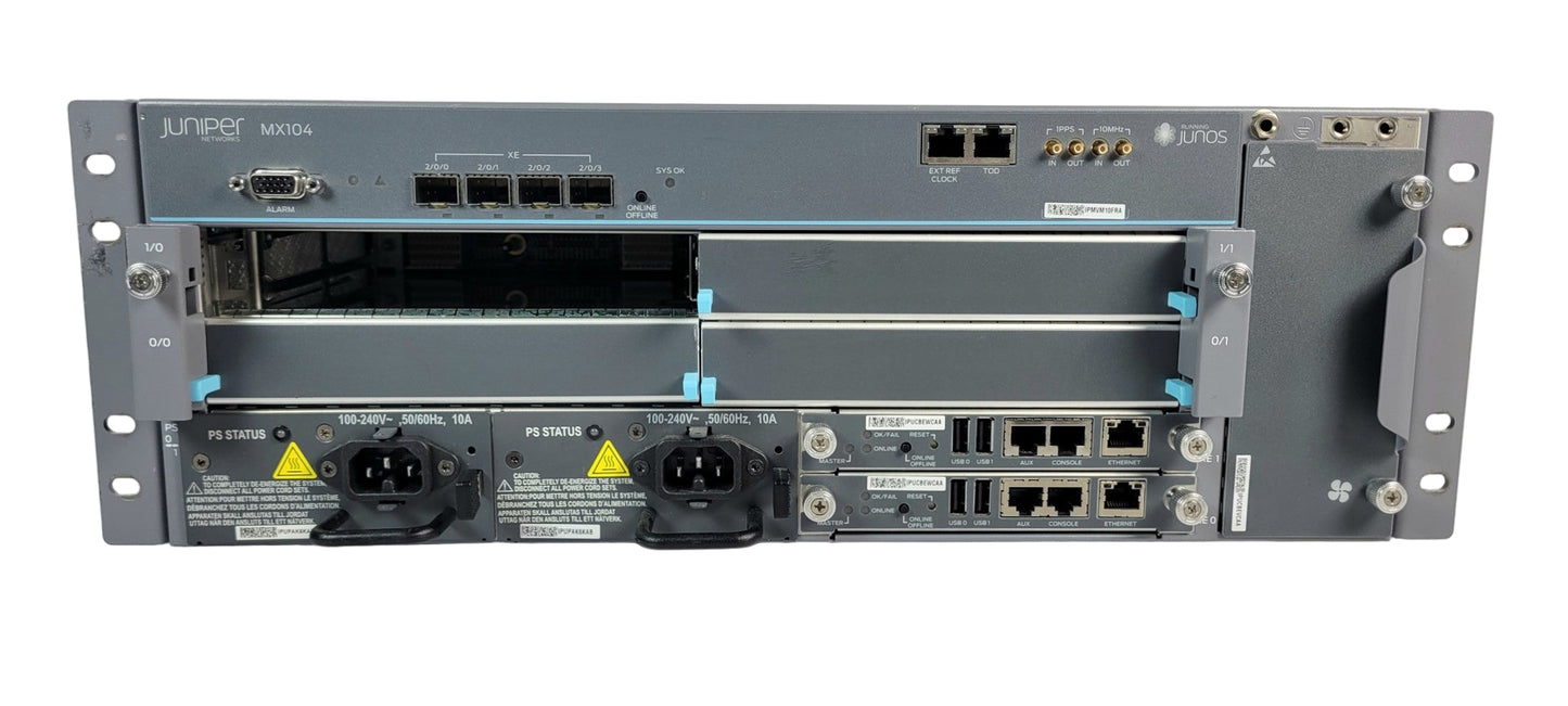 Juniper MX104 Router w/ 2x RE-S-MX104 4xSFP+ enabled 2x PWR-MX104-AC MX104-AC